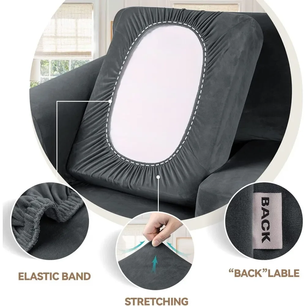 2 Cushion Loveseat Velvet Sofa Slipcover (Dark Grey, 3 Pcs)